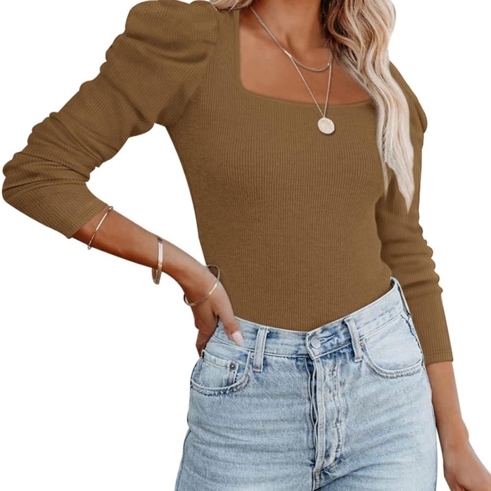 NWT Square Neck Puff Long Sleeve Ribbed Slimming Thong Bodysuit Tops Jumpsuit